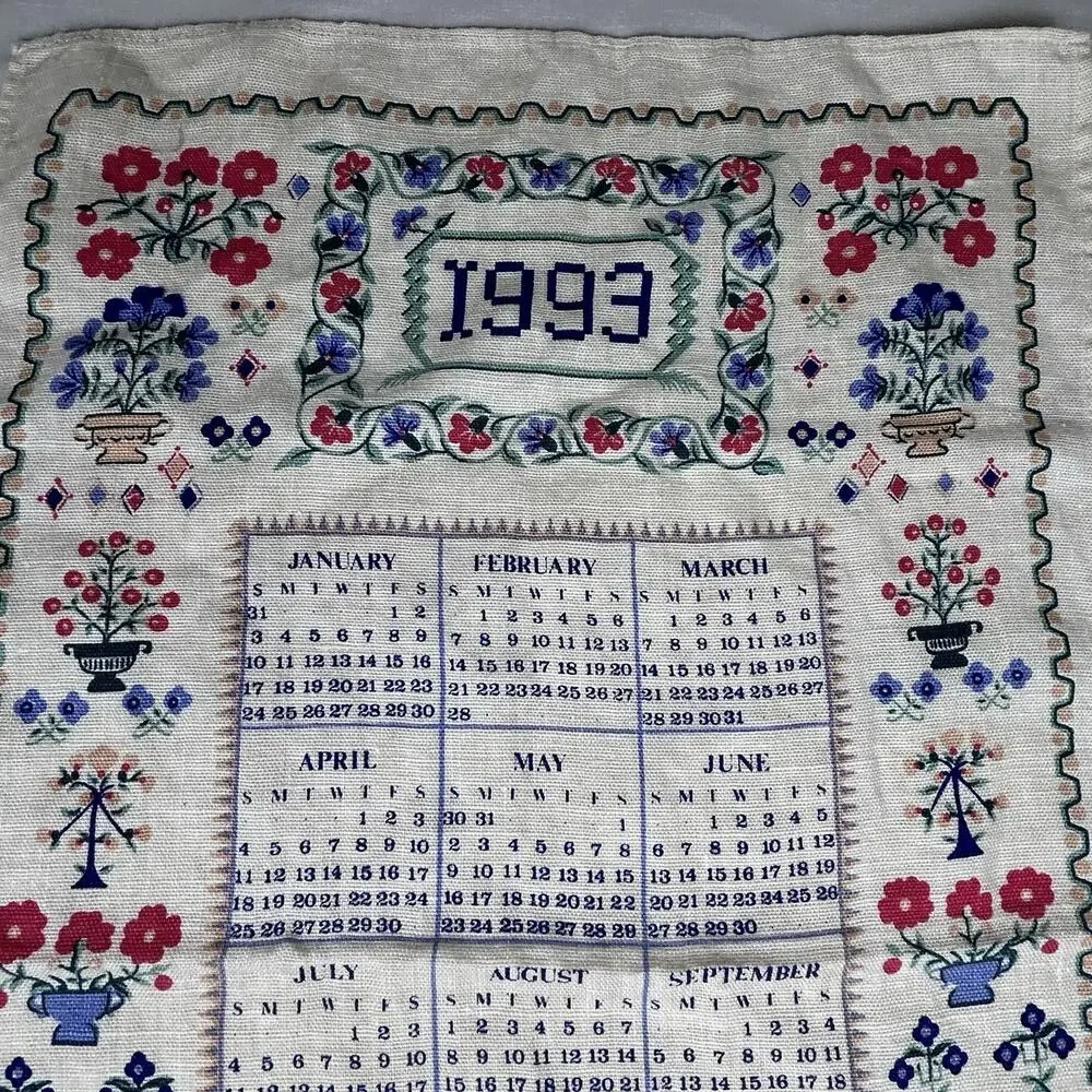 VTG Irish Linen tea towel Sampler 1993 Ulster printed calendar made in Ireland